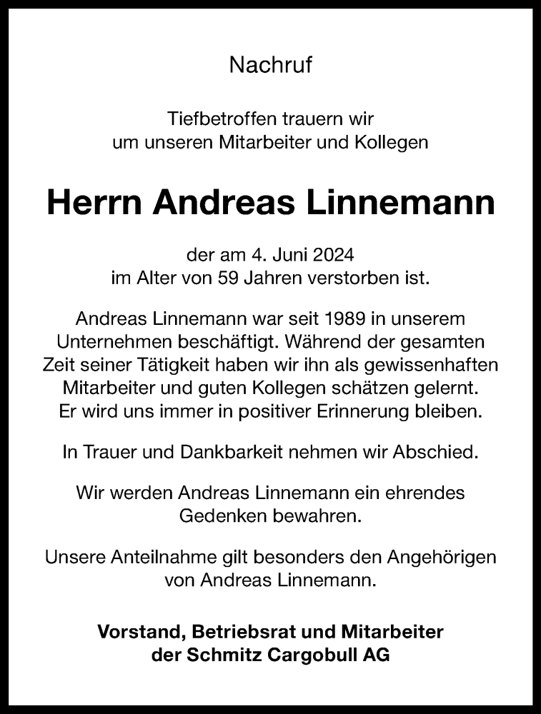  Traueranzeige für Andreas Linnemann vom 22.06.2024 aus 