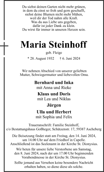 Anzeige von Maria Steinhoff 