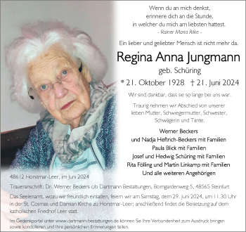 Anzeige von Regina Anna Jungmann 