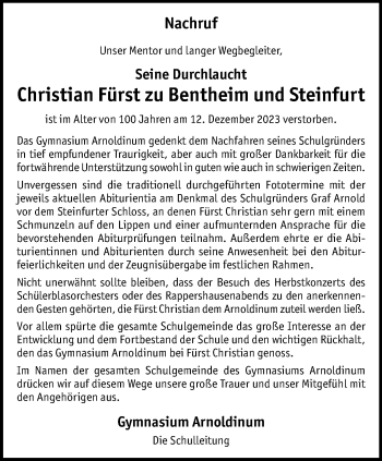 Anzeige von Christian Fürst zu Bentheim und Steinfurt 