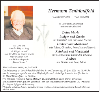 Anzeige von Hermann Tenhündfeld 