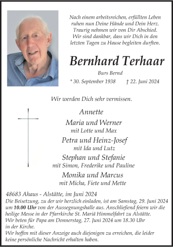 Anzeige von Bernhard Terhaar 