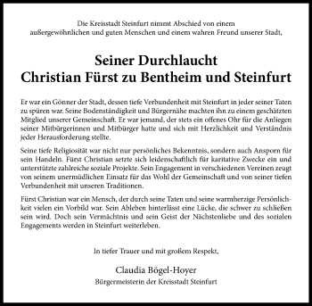 Anzeige von Christian Fürst zu Bentheim und Steinfurt 