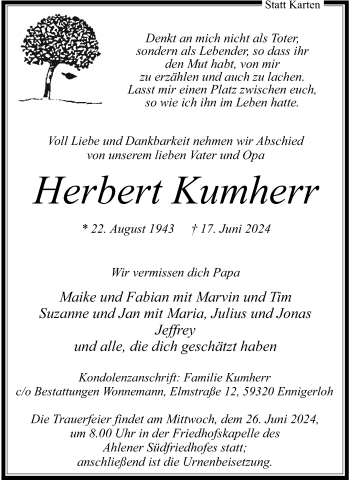 Anzeige von Herbert Kumherr 