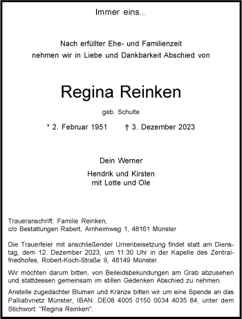 Anzeige von Regina Reinken 