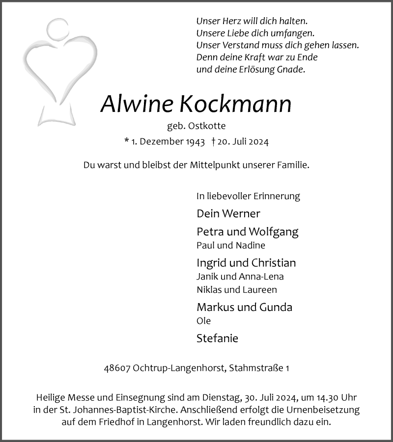  Traueranzeige für Alwine Kockmann vom 23.07.2024 aus 