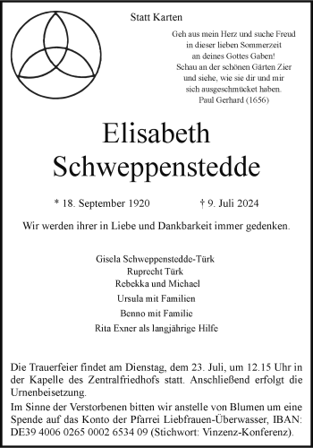 Anzeige von Elisabeth Schweppenstedde 