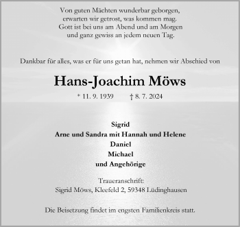 Anzeige von Hans-Joachim Möws 