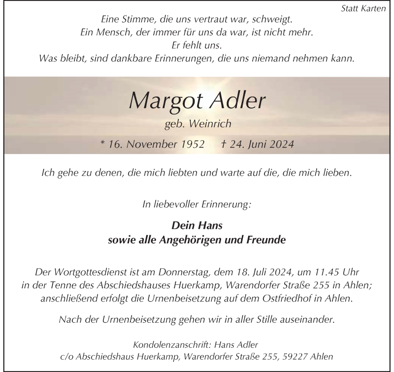  Traueranzeige für Margot Adler vom 06.07.2024 aus 