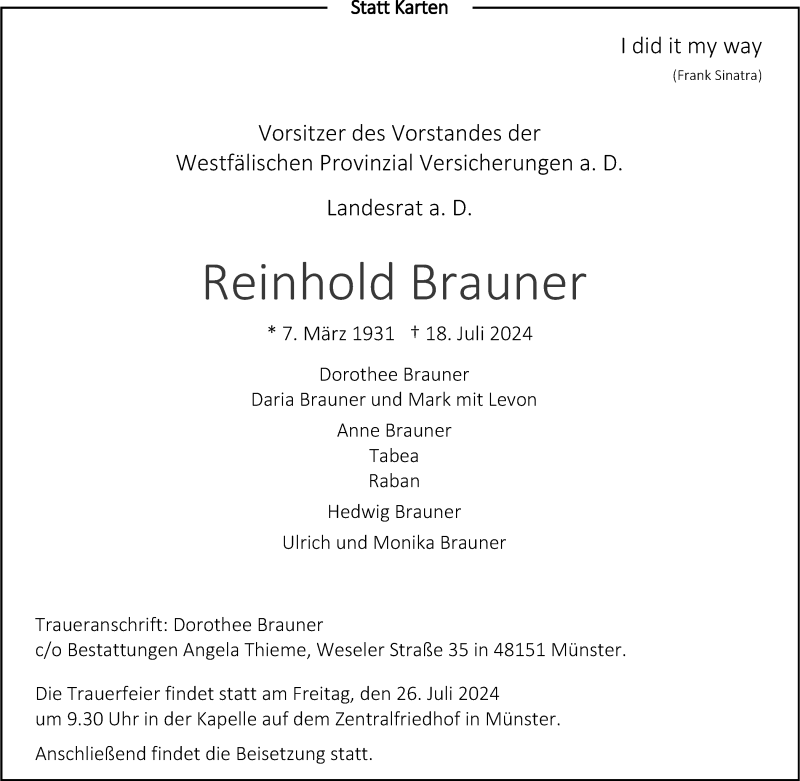  Traueranzeige für Reinhold Brauner vom 24.07.2024 aus 