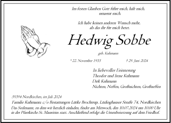 Anzeige von Hedwig Sobbe 