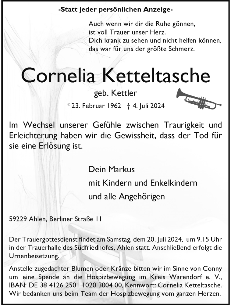  Traueranzeige für Cornelia Ketteltasche vom 13.07.2024 aus 