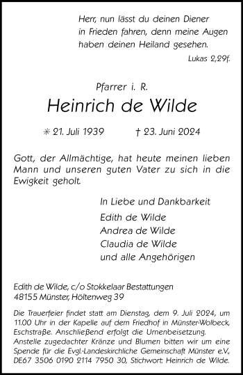 Anzeige von Heinrich de Wilde 