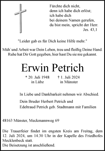 Anzeige von Erwin Petrich 