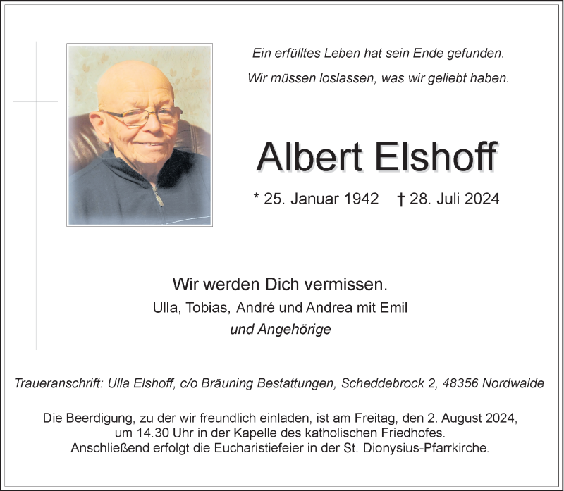  Traueranzeige für Albert Elshoff vom 31.07.2024 aus 