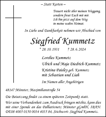 Anzeige von Siegfried Kummetz 