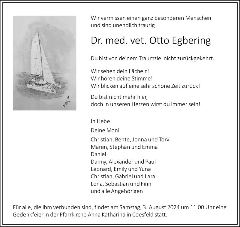  Traueranzeige für Dr. med. vet. Otto Egbering vom 27.07.2024 aus 