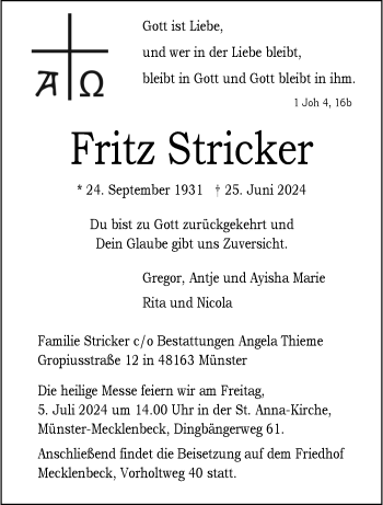 Anzeige von Fritz Stricker 