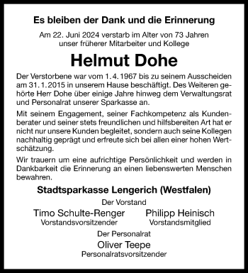 Anzeige von Helmut Dohe 