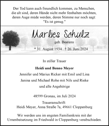Anzeige von Marlies Schulz 