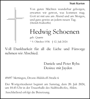 Anzeige von Hedwig Schoenen 