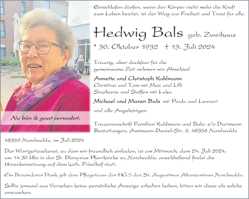 Anzeige von Hedwig Bals 