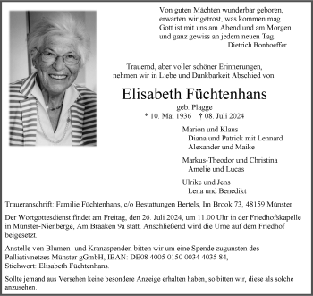 Anzeige von Elisabeth Füchtenhans 