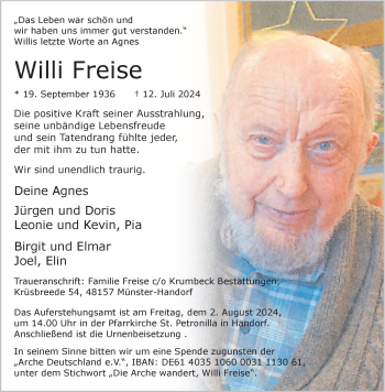 Anzeige von Willi Freise 