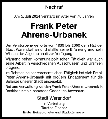 Anzeige von Frank Peter Ahrens-Urbanek 