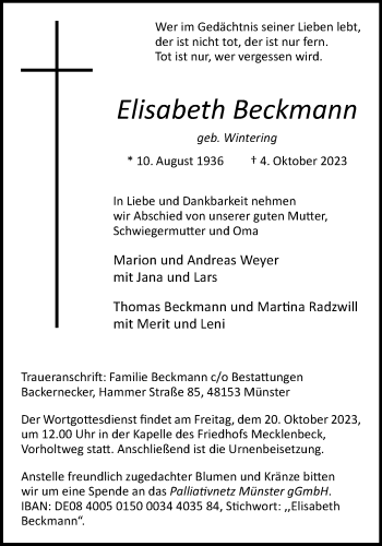 Anzeige von Elisabeth Beckmann 