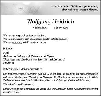 Anzeige von Wolfgang Heidrich 