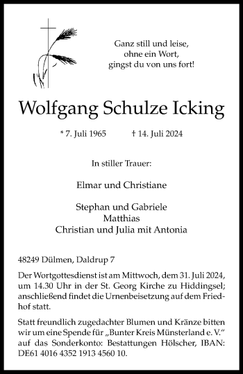 Anzeige von Wolfgang Schulze Icking 