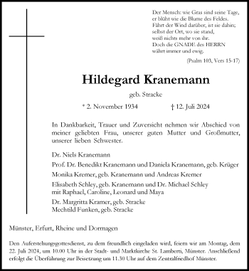 Anzeige von Hildegard Kranemann 