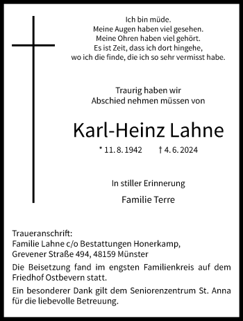 Anzeige von Karl-Heinz Lahne 