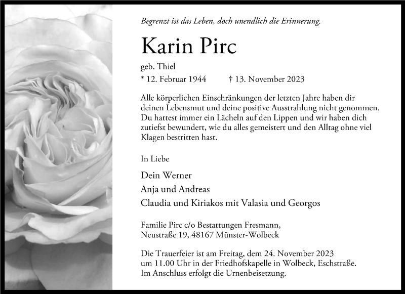  Traueranzeige für Karin Pirc vom 18.11.2023 aus 