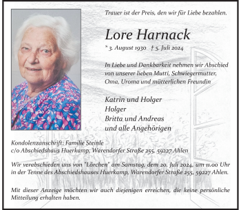 Anzeige von Lore Harnack 