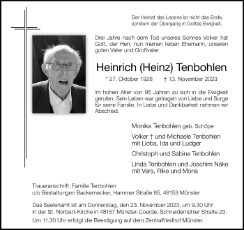 Anzeige von Heinrich Tenbohlen 