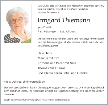 Anzeige von Irmgard Thiemann 