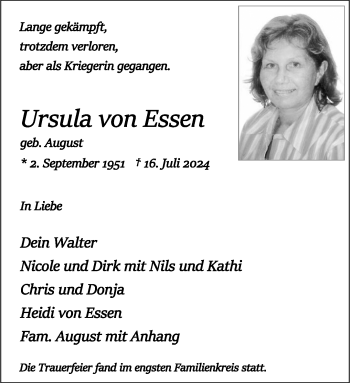 Anzeige von Ursula von Essen 