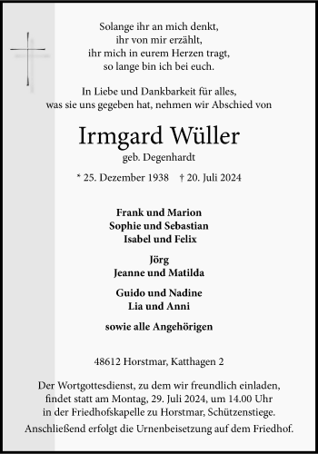 Anzeige von Irmgard Wüller 