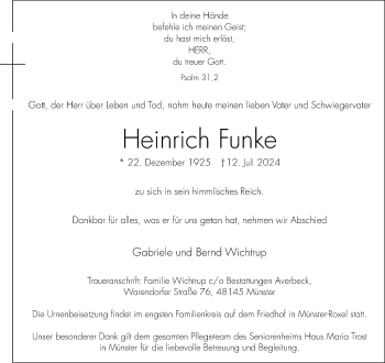 Anzeige von Heinrich Funke 