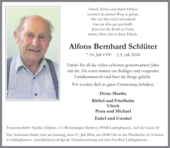 Anzeige von Alfons Bernhard Schlüter 