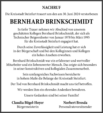 Anzeige von Bernhard Brinkschmidt 