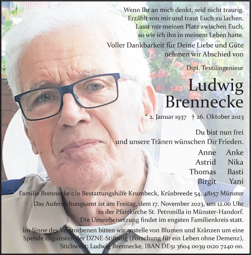  Traueranzeige für Ludwig Brennecke vom 04.11.2023 aus 