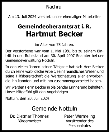 Anzeige von Hartmut Becker 