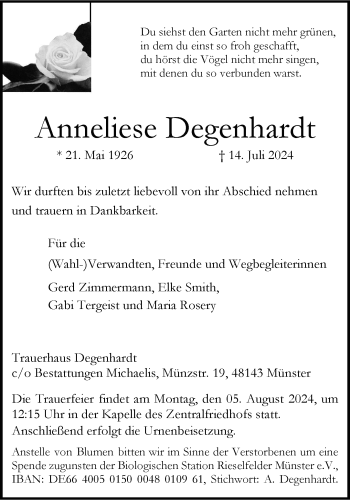 Anzeige von Anneliese Degenhardt 