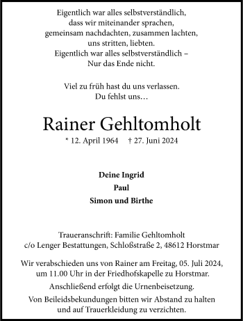 Anzeige von Rainer Gehltomholt 