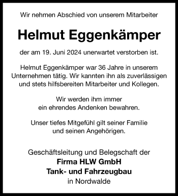 Anzeige von Helmut Eggenkämper 