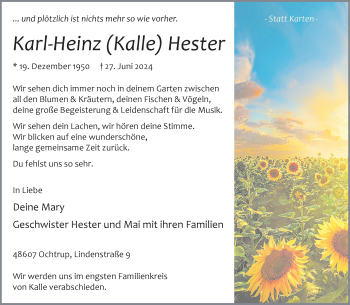 Anzeige von Karl-Heinz (Kalle) Hester 