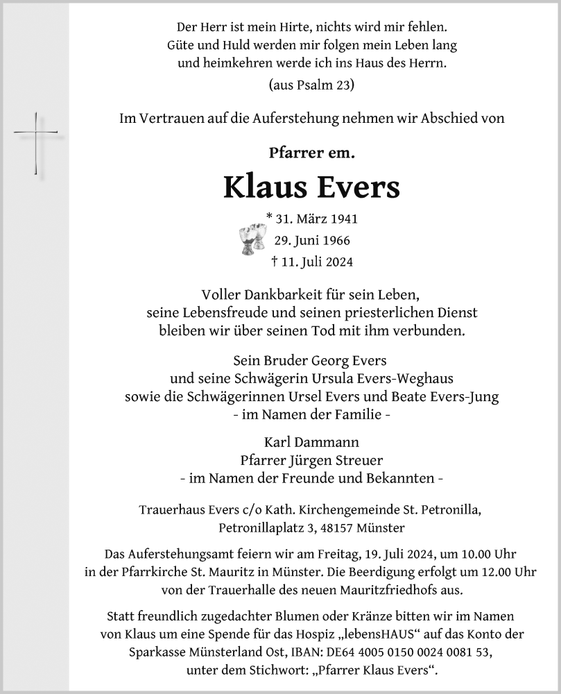  Traueranzeige für Klaus Evers vom 17.07.2024 aus Westfälische Nachrichten